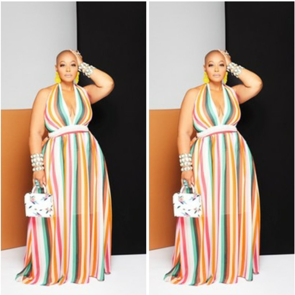 Color stripe maxi halter top dress